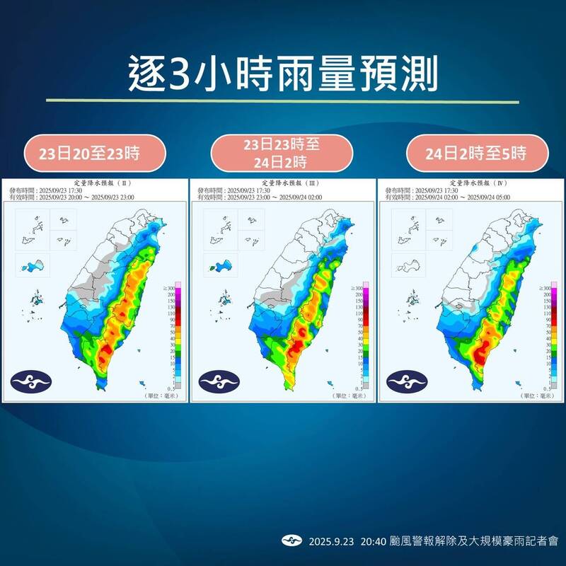 逐3小時雨量預測。（圖為中央氣象署提供）