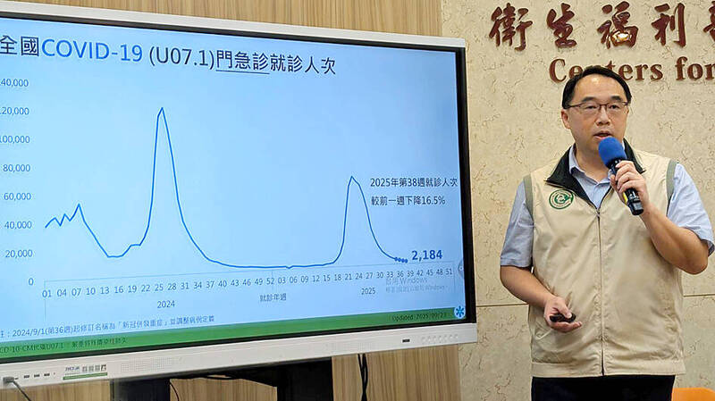 Centers for Disease Control Epidemic Intelligence Center Director Guo Hung-wei speaks at a news conference in Taipei yesterday.
Photo: CNA