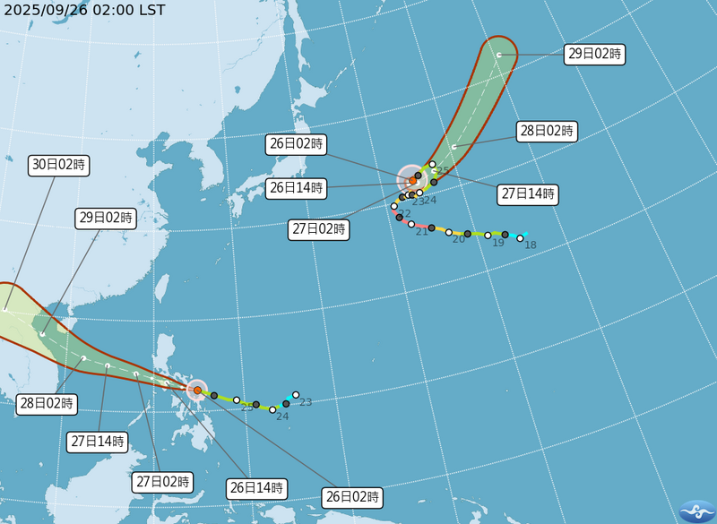 中央氣象署路徑潛勢預測圖顯示,輕颱博羅依與輕颱浣熊均對台無影響。(圖擷自氣象署網站) 中央氣象署路徑潛勢預測圖顯示,輕颱博羅依與輕颱浣熊均對台無影響。(圖擷自氣象署網站)