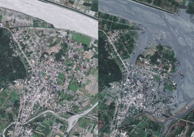 「GeoLab空間資訊實驗室」昨日晚間分享災後衛星影像對比動畫。（取自粉專「GeoLab空間資訊實驗室」）
