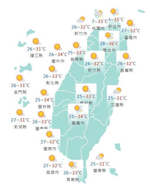 今日各地天氣預報概況。（圖擷取自中央氣象署）