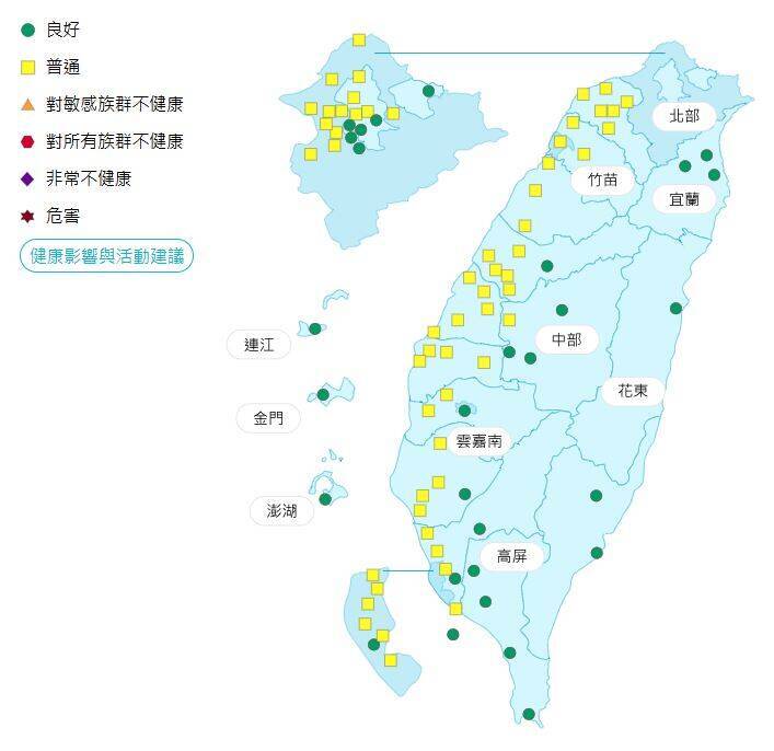 今日各地空氣品質概況。（圖擷取自環境部空氣品質監測網）