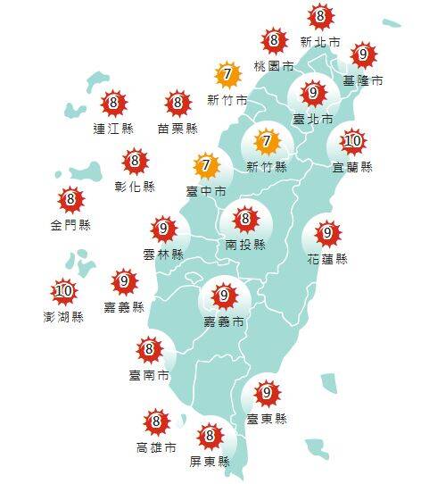 今日各地紫外線指數預報概況。（圖擷取自中央氣象署）