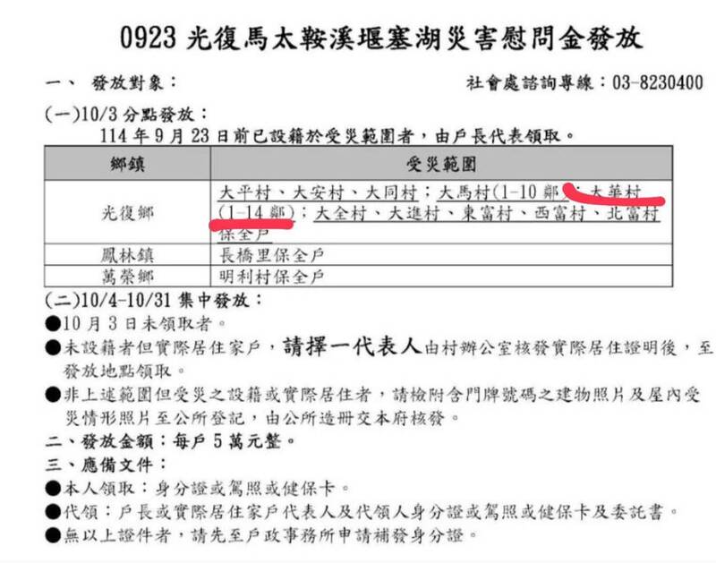 花蓮光復鄉遭受重災，但有同樣成為受災戶的教師劉哲瑋發文指出，花蓮縣府雖表示會發放5萬元慰問金，但以大華村來說，一度傳出只有1-14鄰可以發放，15-17鄰也有受災卻遭放生。（圖擷自臉書）