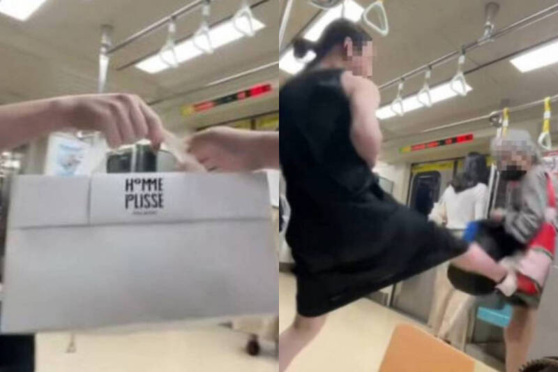 曾姓老婦強逼年輕乘客讓位不成，竟出手揮包攻擊，反遭對方一腳踹飛，引發外界熱議。（本報合成，擷取自Threads）