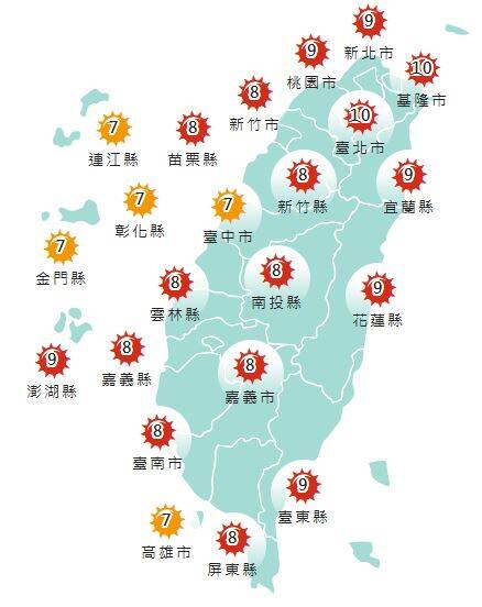 今日各地紫外線指數預報概況。（圖擷取自中央氣象署）
