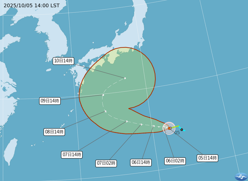 氣象署今下午2點的路徑預報顯示哈隆北轉角度越來越大。（圖擷自中央氣象署）