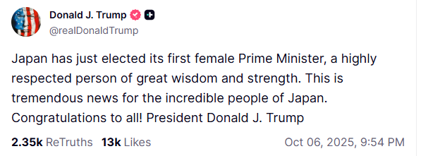 川普PO文祝賀。（擷取自Truth Social）