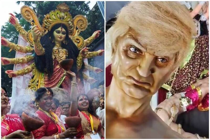 印度加爾各答的「杜爾嘉女神節」出現女神對抗面孔神似美國總統川普的惡魔的政治諷刺。（路透、擷自網路，本報合成）