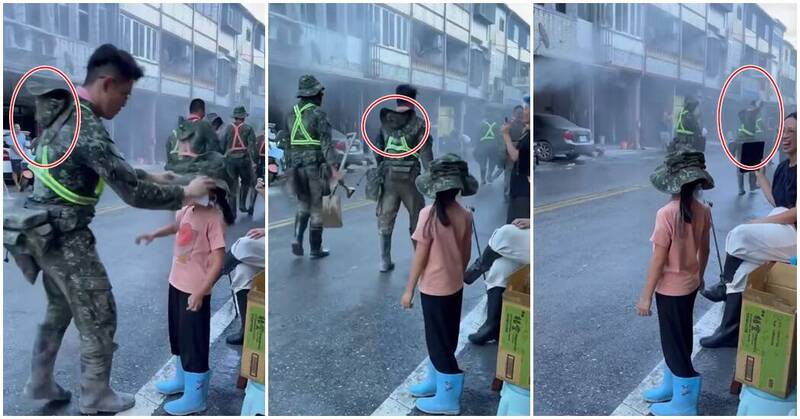 6日瘋傳的國軍贈帽影片新視角曝光，帥氣大兵送出手上的帽子，肩上和其他同袍一樣，還掛著一頂公發的帽子。（圖翻攝自Threads）