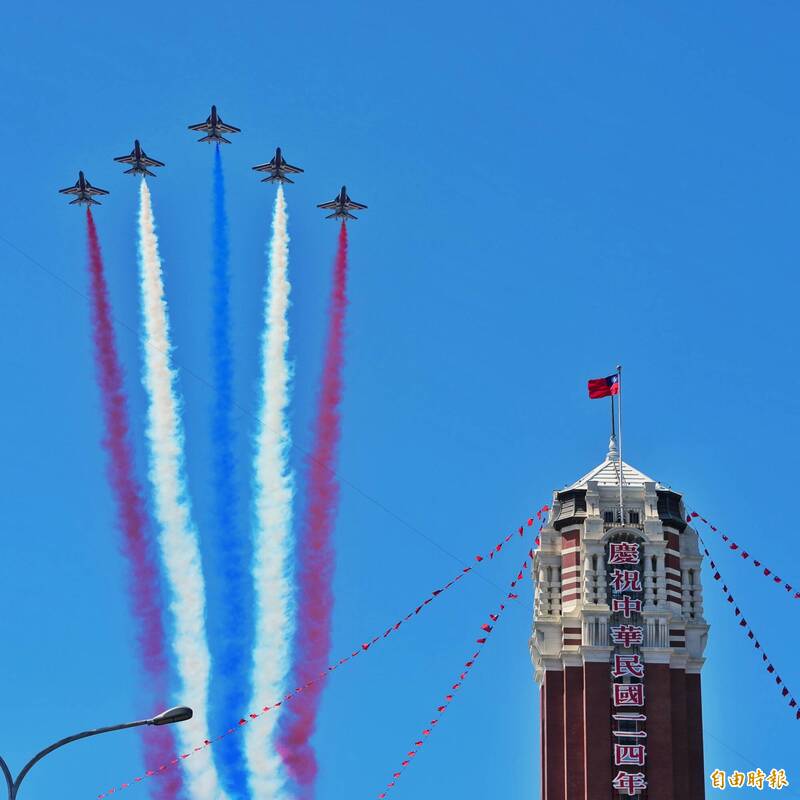 圖輯》直升機吊掛巨幅國旗空軍雷虎換裝勇鷹後壓軸放彩煙為國慶大會畫下