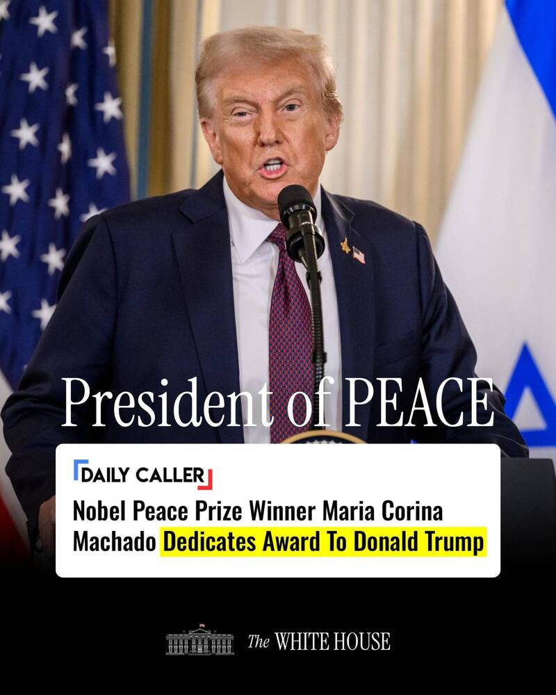 馬查多獲得諾貝爾和平獎後發文表示，把該獎項獻給遭受到苦難的委內瑞拉人民，以及美國總統川普，美國白宮隨後也轉發這則消息，並稱川普是「和平總統」（President of Peace）。（圖擷自X）