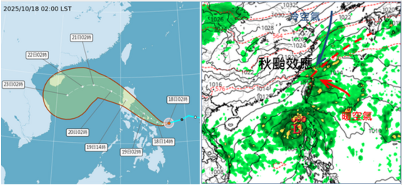 吳德榮提醒，明日至週三各地轉有降雨，北台最低溫約能降至20度左右，明顯轉涼；受到颱風外圍環流與東北季風「共伴效應」影響，北、東明顯降雨、需防「大量降雨」致災。（圖擷自「氣象應用推廣基金會」專欄）