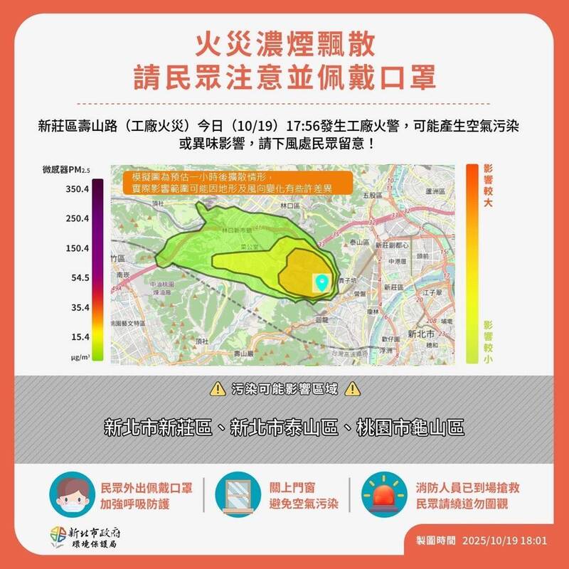 新莊壽山路工廠火警 新北環局：下風處民眾戴口罩、緊閉門窗