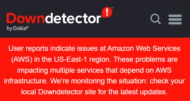 亚马逊公司的云端服务AWS于20日出现全球大当机,数据监控网站Downdetector统计指出,已收到650万份问题回报,超过1千家公司、机构遇到问题。(图撷自脸书) 亚马逊公司的云端服务AWS于20日出现全球大当机,数据监控网站Downdetector统计指出,已收到650万份问题回报,超过1千家公司、机构遇到问题。(图撷自脸书)