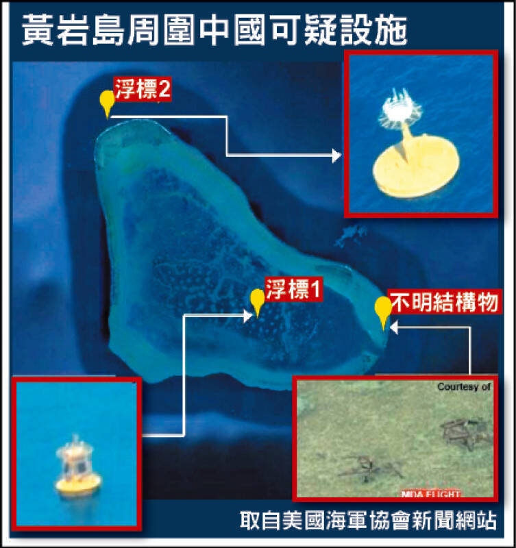 菲律宾海岸防卫队10月17日提供的图片显示,中国在黄岩岛附近海域设置两个浮标,以及不明结构物。(取自美国海军协会新闻网站) 菲律宾海岸防卫队10月17日提供的图片显示,中国在黄岩岛附近海域设置两个浮标,以及不明结构物。(取自美国海军协会新闻网站)