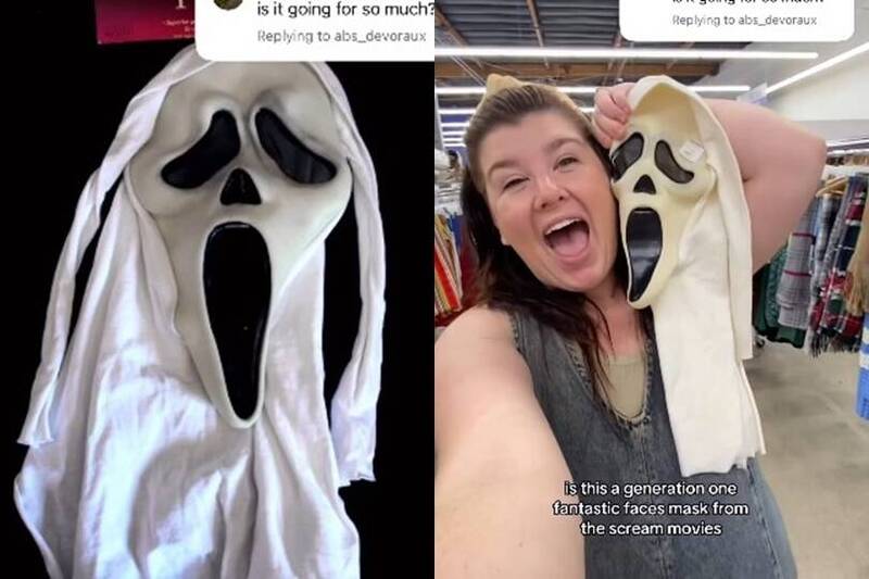 美国加州一位全职妈妈随手买下旧面具,竟是恐怖电影《惊声尖叫》使用的稀有原版,让她一夜赚进672美元(约新台币2万元)。(本报合成,图撷自@curatedbycarey/IG) 美国加州一位全职妈妈随手买下旧面具,竟是恐怖电影《惊声尖叫》使用的稀有原版,让她一夜赚进672美元(约新台币2万元)。(本报合成,图撷自@curatedbycarey/IG)