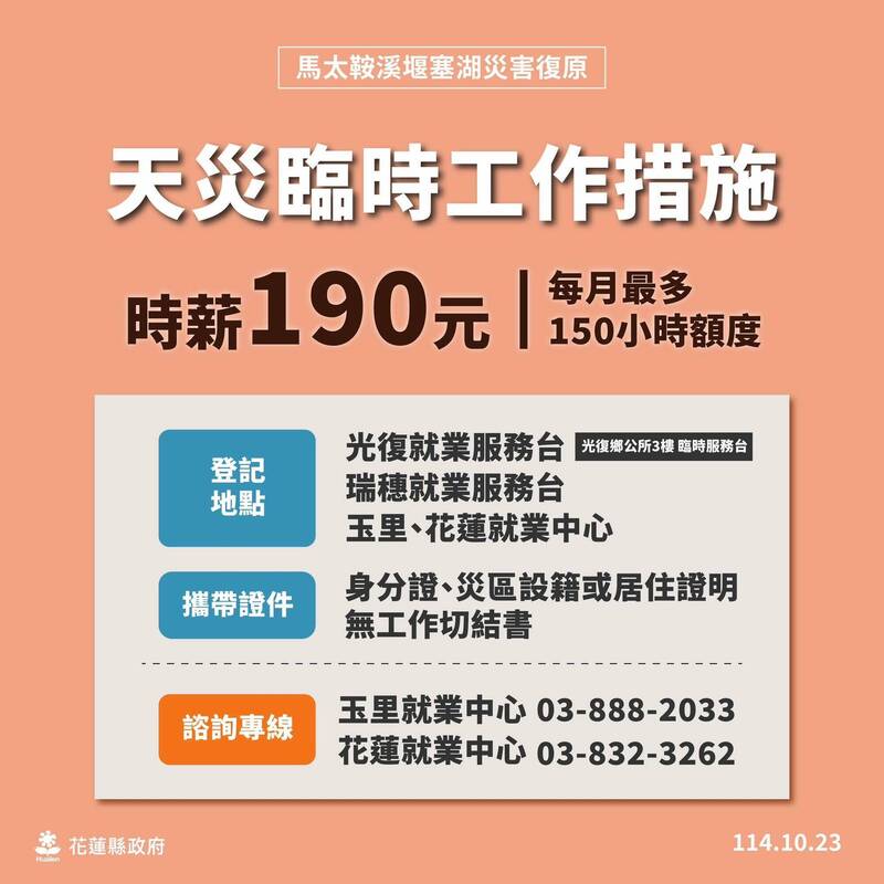 光復鄉「天災臨工計畫」啟動!時薪190元為期3個月 4地點登記