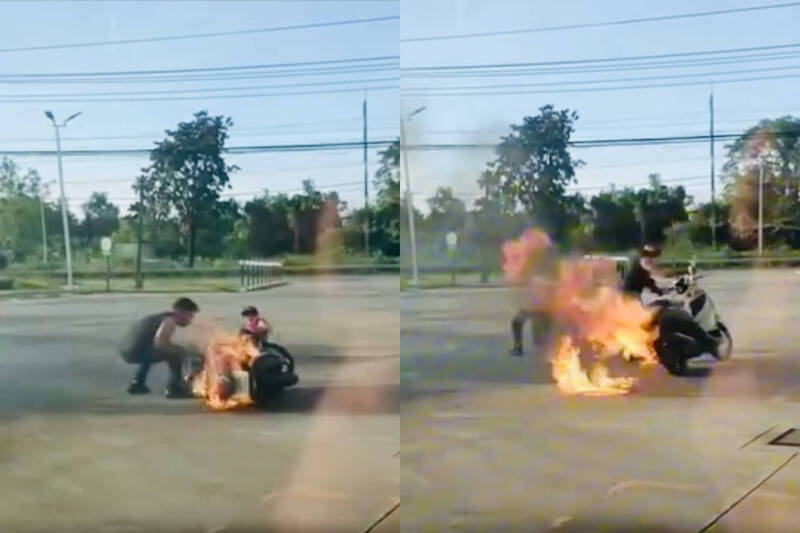 泰国巴真府一加油站近日发生机车起火意外,所幸工作人员机警化解,未酿严重伤亡。(本报合成,撷取自อ๊อฟผู้พิชิตฉลาม YouTube/FB) 泰国巴真府一加油站近日发生机车起火意外,所幸工作人员机警化解,未酿严重伤亡。(本报合成,撷取自อ๊อฟผู้พิชิตฉลาม YouTube/FB)