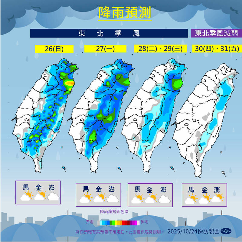 未來降雨趨勢。(氣象署提供) 未來降雨趨勢。(氣象署提供)