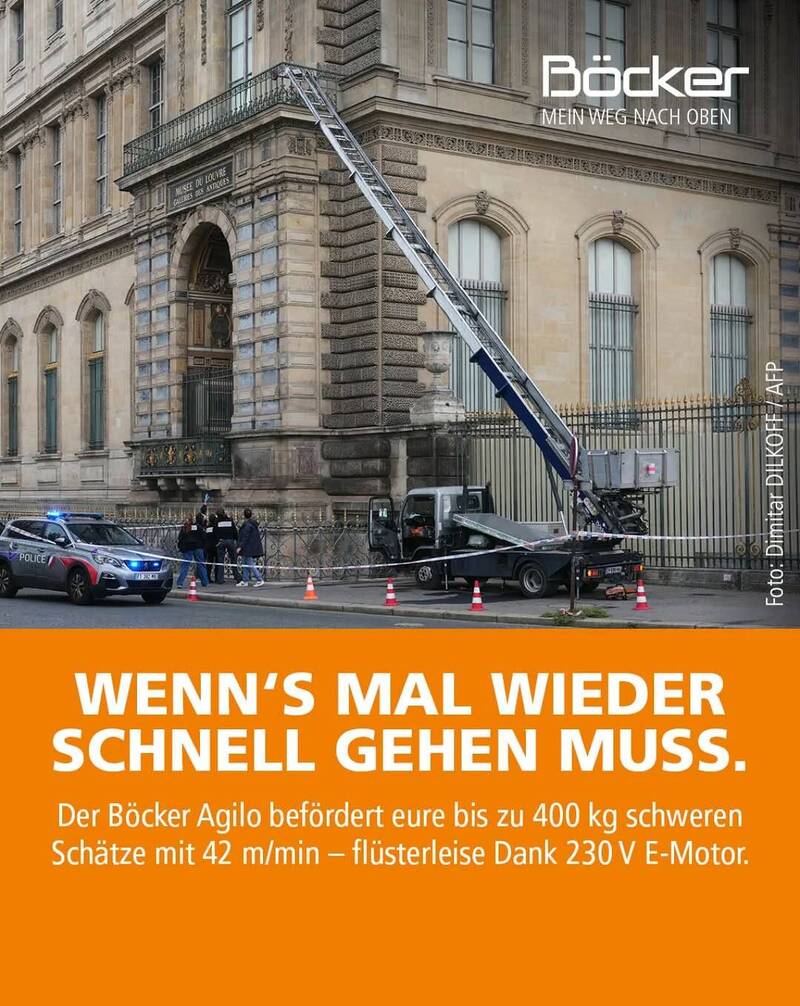 罗浮宫窃案中窃贼所使用的升降梯厂商Böcker趁机幽默打广告,在网路取得不少关注。(图撷自「boeckermaschinenwerke」IG) 罗浮宫窃案中窃贼所使用的升降梯厂商Böcker趁机幽默打广告,在网路取得不少关注。(图撷自「boeckermaschinenwerke」IG)