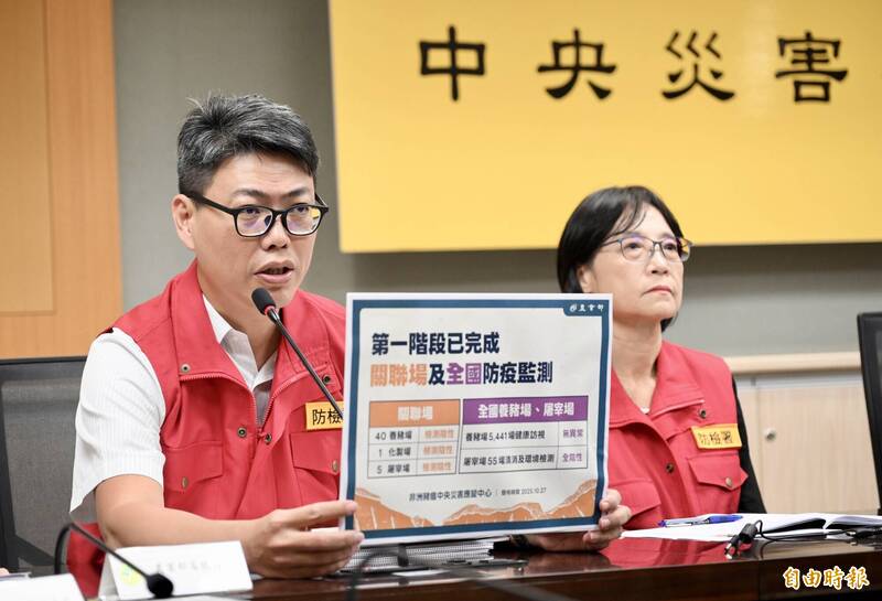 非洲豬瘟中央災害應變中心27日在農業部防檢署召開記者會,農業部防檢署組長林念農(左)說明將展開第2輪防疫強化4大措施。(記者羅沛德攝) 非洲豬瘟中央災害應變中心27日在農業部防檢署召開記者會,農業部防檢署組長林念農(左)說明將展開第2輪防疫強化4大措施。(記者羅沛德攝)