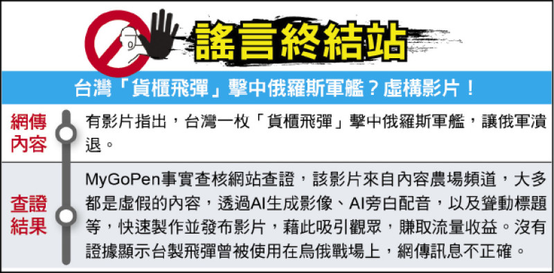 謠言終結站》 台灣「貨櫃飛彈」擊中俄羅斯軍艦?虛構影片!