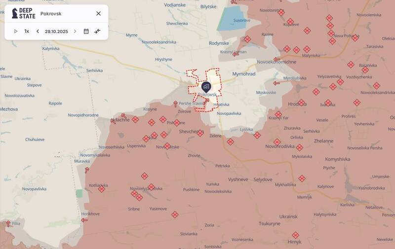烏東大城波克羅夫斯克(Pokrovsk,紅軍城,虛線處)若淪陷,將是俄軍取得優勢的關鍵象徵。(擷取自Deep State網站)