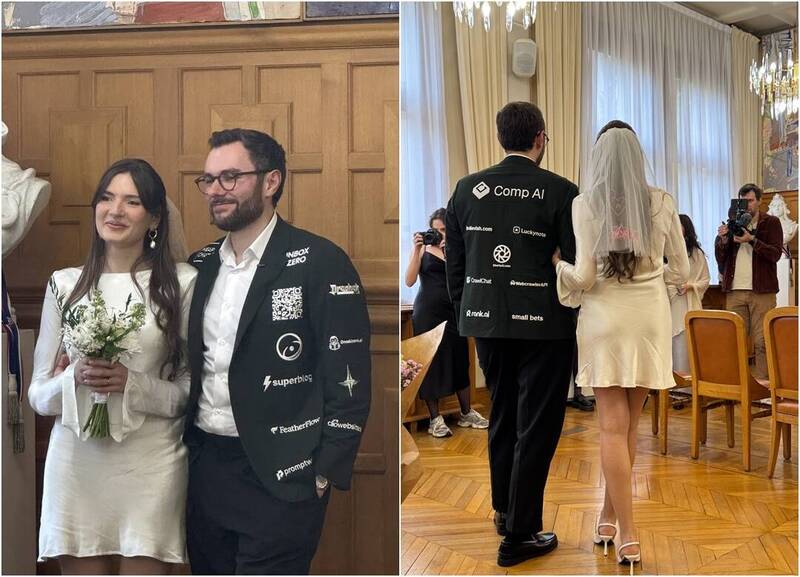 婚礼于10月25日举行，新郎将自己的婚礼西装变成「行动广告墙」。（图撷自「@dagorenouf」X、本报合成）