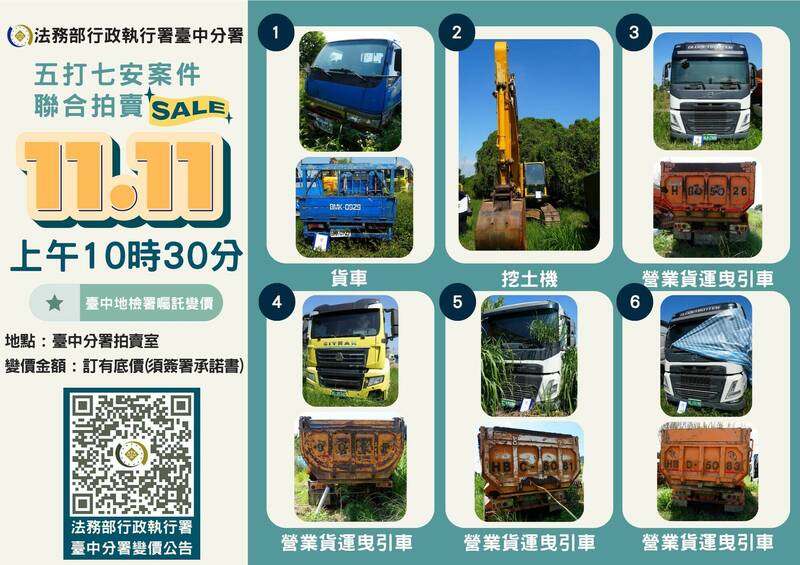 行政执行署台中分署11日将举行变价拍卖，包括挖土机、曳引车等。（行政执行署台中分署提供）