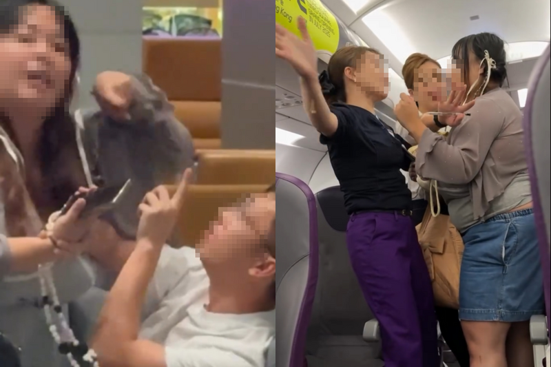 一对香港情侣在越南机场发生激烈冲突，女方甚至情绪激动到在机舱内推倒空服员，最终两人皆被请下飞机。（本报合成，撷取自Tommytcw Tang/FB）