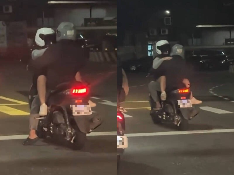 一對情侶騎乘機車時，女子竟「反坐」在男騎士身前，雙腳緊夾對方。（圖擷取自Threads/@petersnewwaccount）