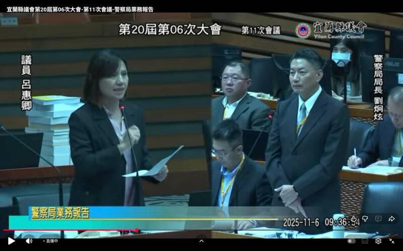 宜兰县议员吕惠卿今天县议会质询，质疑警方泄漏车祸案件个资。县警察局长刘炯炫回应，会再加强教育。（取自宜兰县议会网站）