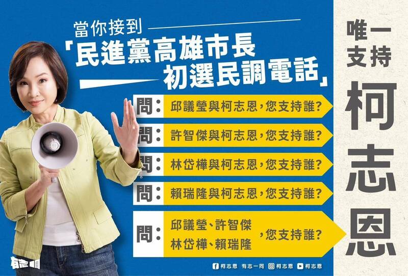 柯志恩推圖卡呼籲支持者 接民進黨初選民調電話要這樣說