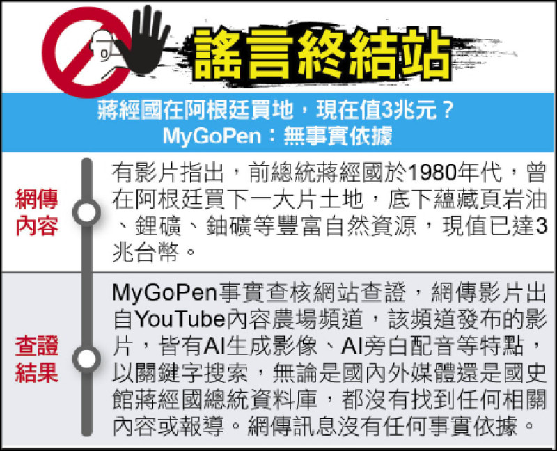 謠言終結站》蔣經國在阿根廷買地,現在值3兆元? MyGoPen:無事實依據