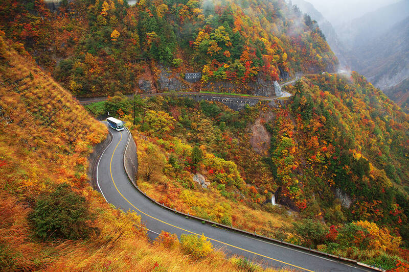 日本石川县白山白川郷白色公路，许发生车辆冲破围栏坠崖的事故，导致80来岁老夫妇双亡。图为白色公路示意图。（图撷自白山白川郷ホワイトロード官网）