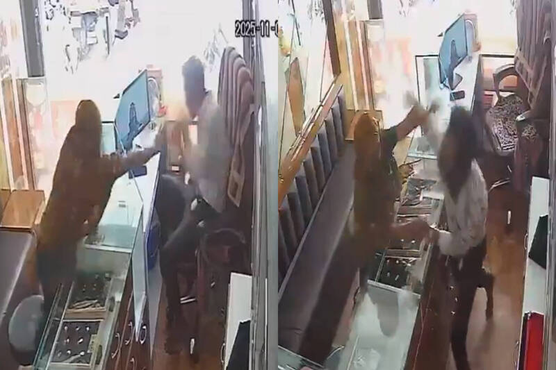 印度一名女子抢劫珠宝店不成，反遭店家狂打近20下巴掌。（本报合成，撷取自@sanjoychakra/X）