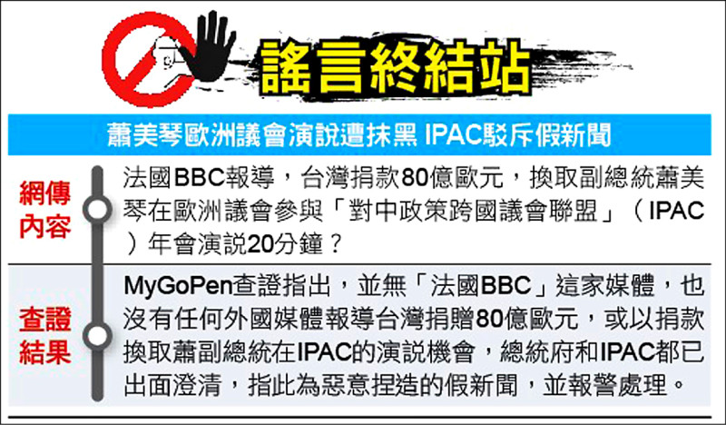 謠言終結站》蕭美琴歐洲議會演說遭抹黑 IPAC駁斥假新聞