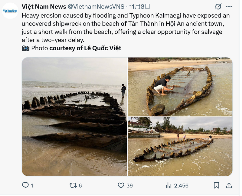 颱風海鷗侵襲越南海岸 數百年沉船遺跡再次現蹤