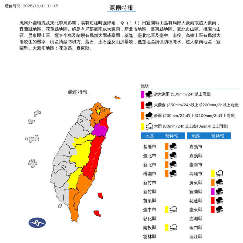 宜蘭超大豪雨「紫爆」！三星、冬山淹水警戒 北成橋河川水位警戒