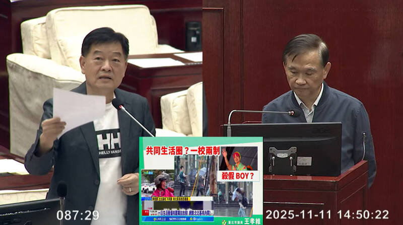 台北市議員王孝維（左）批評，北北基桃共同生活圈鳳凰颱風上班課、放假不同步擾民。（擷取自台北市議會直播影片）