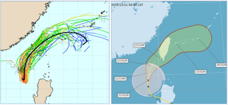 吳德榮指出，根據最新歐洲系集模式模擬與顯示，鳳凰的系集平均路徑略為南修，在台灣西南方海面偏北轉西北，從台灣西南部進入，東部出海。（圖擷自「氣象應用推廣基金會」專欄）