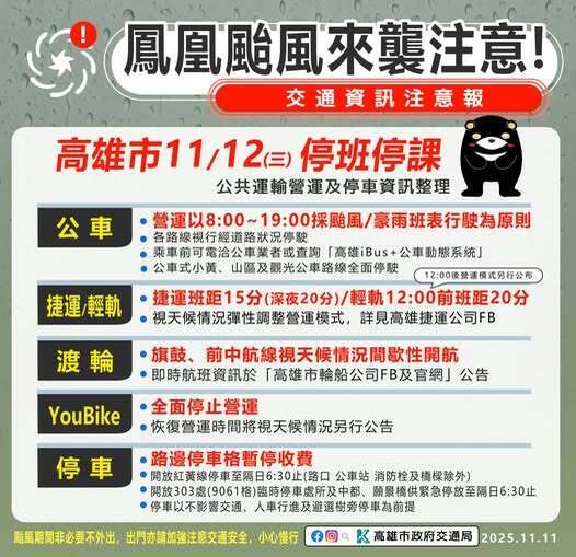 鳳凰侵台高雄停班課 YouBike暫停營運