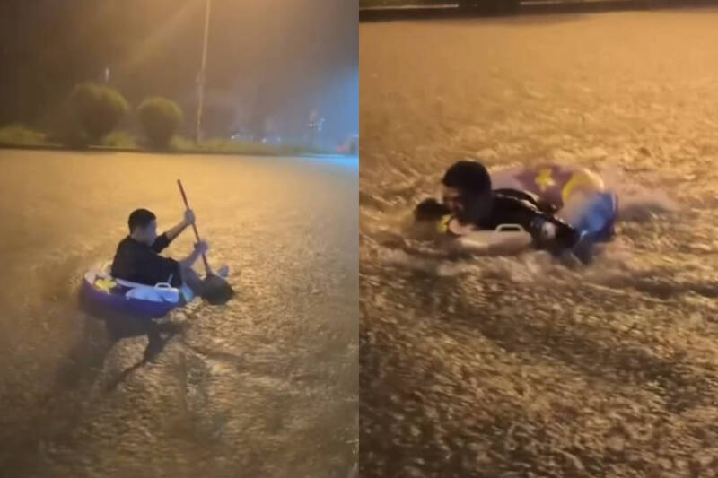 蘇澳暴雨淹成河! 居民苦中作樂坐泳圈「遠航」網友朝聖