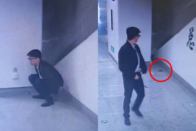 中国南宁地铁站惊见一名男子直接在月台脱裤大便，事后更回头查看，过程全都监视器拍下。（本报合成，撷取自微博）