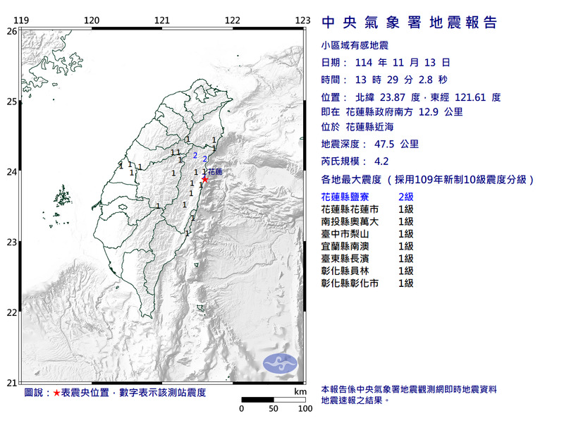 花蓮近海13:29發生規模4.2地震 最大震度2級
