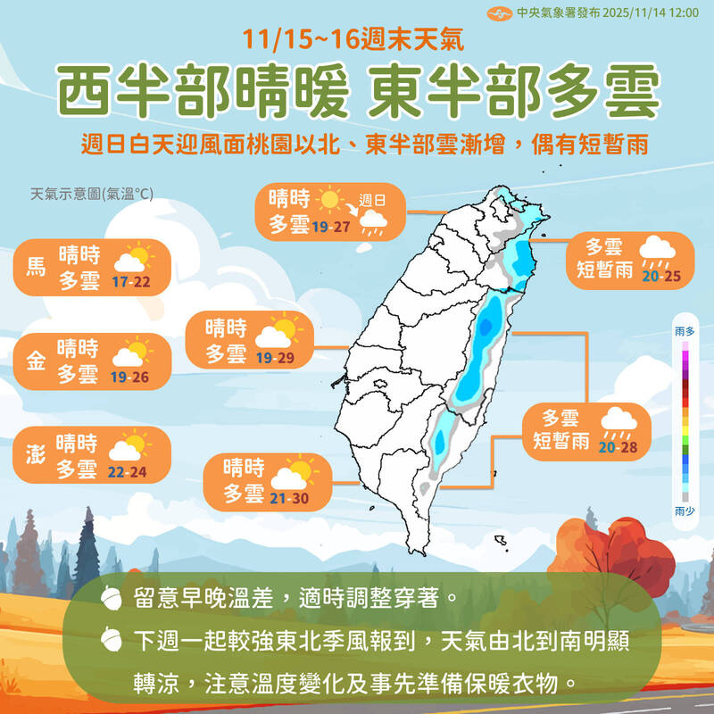 週休假日各地天氣都很好。（氣象署提供）