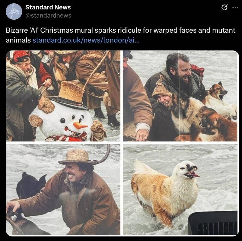 伦敦出现的诡异耶诞主题壁画。（图撷取自伦敦标准晚报X：@standardnews）