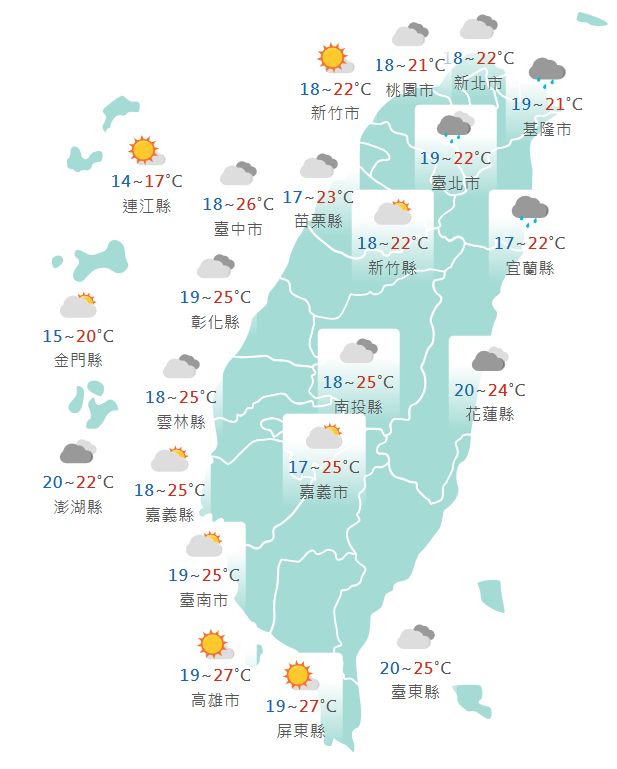 今日各地天氣預報概況。（圖擷取自中央氣象署）
