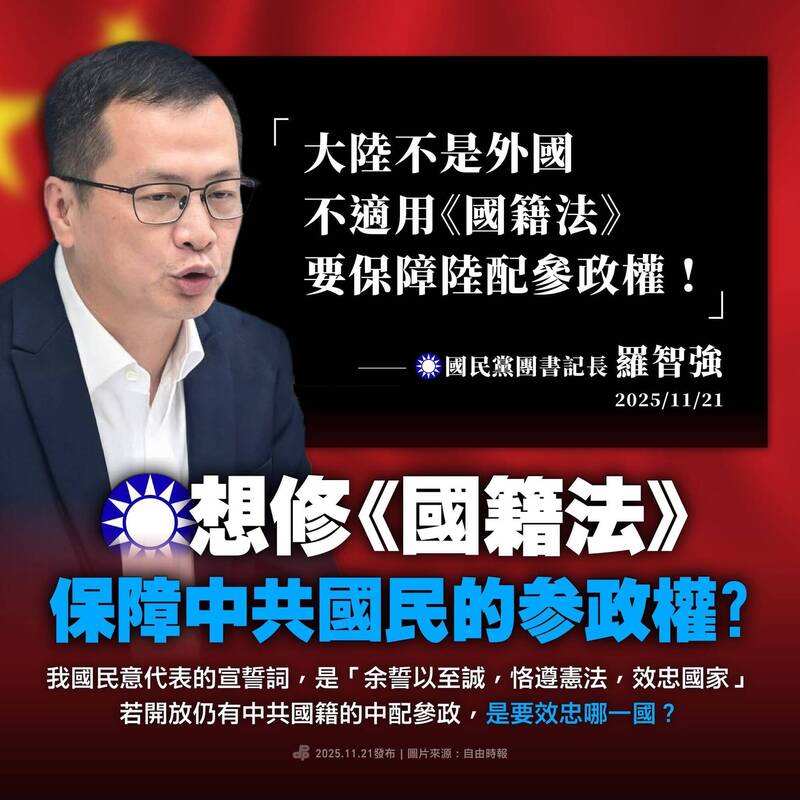 藍推修法開放中配參政 綠營轟：效忠哪一國？